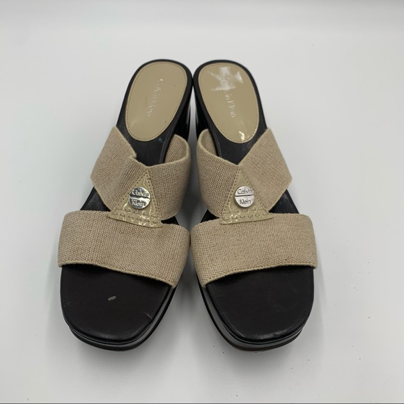 ❤️ Calvin Klein Tan "Marjory" Heel Platform Peep Toe Sandals Size 7.5M - Picture 2 of 9